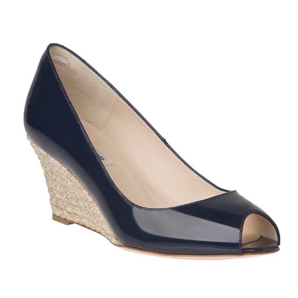 Navy Patent Peep-Toe Wedge Pumps